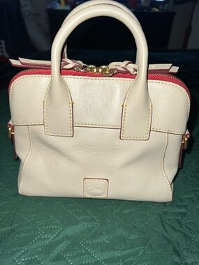 Dooney & Bourke Cameron Cream Leather Satchel with Red Trim